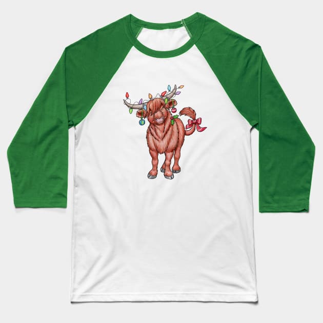 Mooey Christmas!  Christmas Highland Cow Baseball T-Shirt by Featherlady Studio